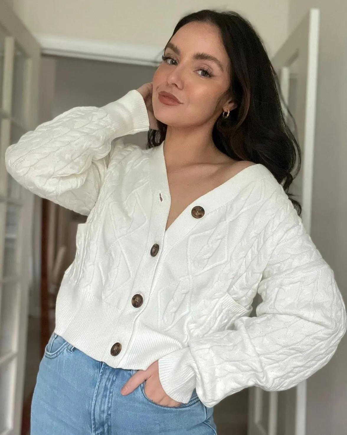 MEROKEETY Long Sleeve Open Front Cable Knit Crop Cardigan