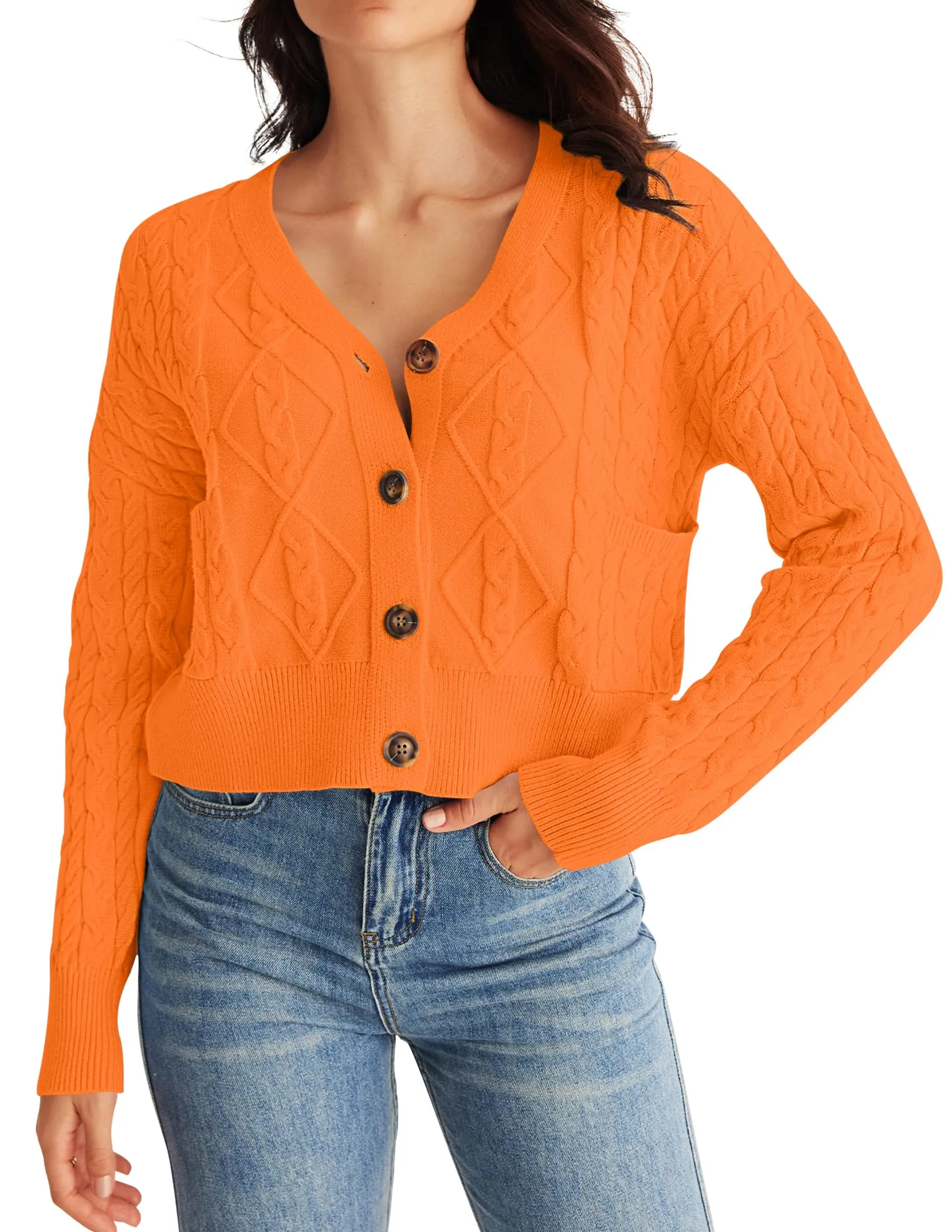 MEROKEETY Long Sleeve Open Front Cable Knit Crop Cardigan