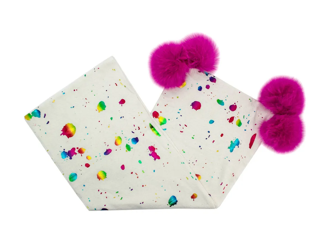 Mitchie's Matchings | Paint Splash Knitted Scarf with Fox Fur Poms
