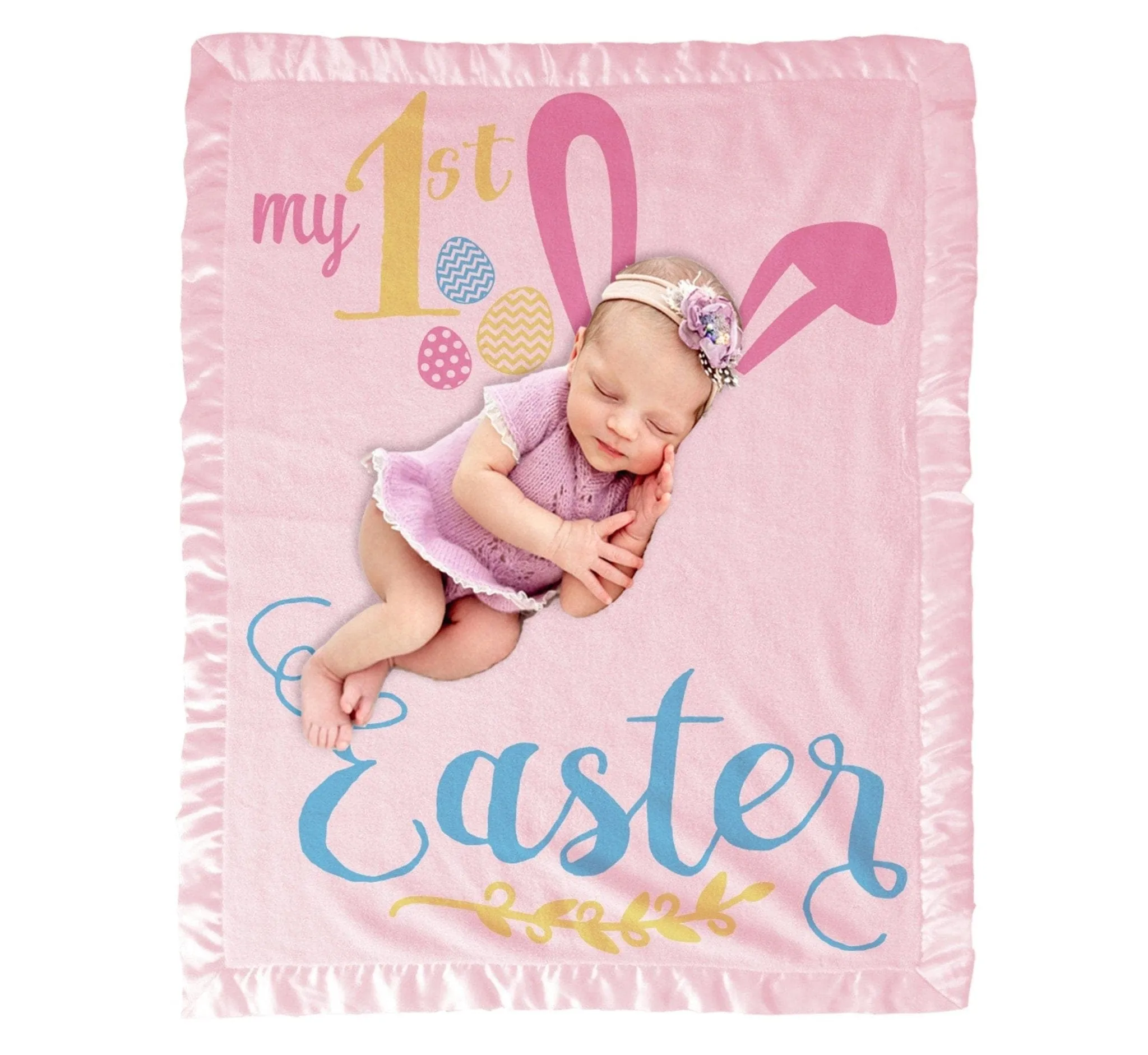 My First Easter Baby Gifts Girl Boy Personalized Baby Blanket | Cute Bunny Ears Photo Prop Blanket Pink Blue White