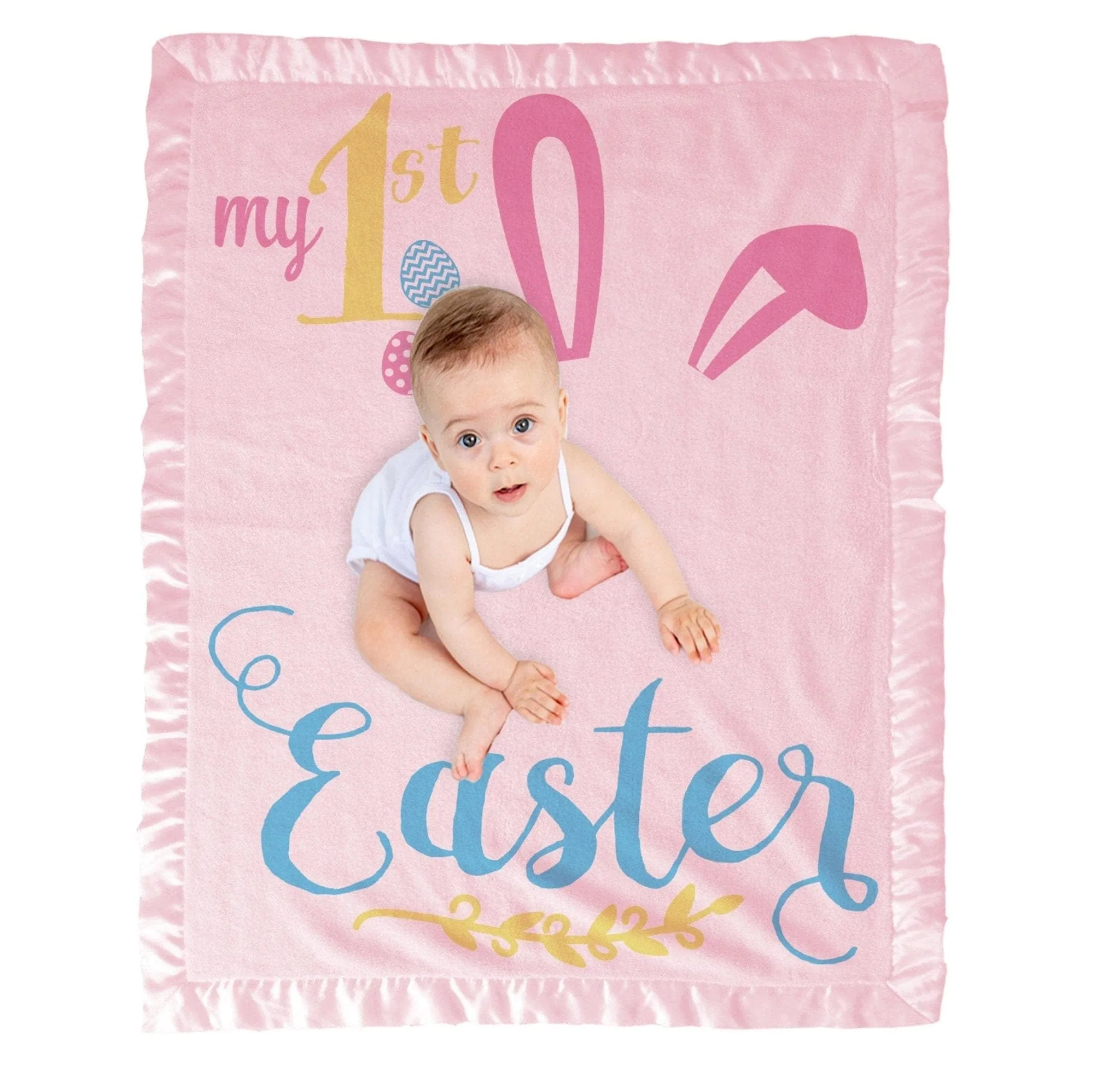 My First Easter Baby Gifts Girl Boy Personalized Baby Blanket | Cute Bunny Ears Photo Prop Blanket Pink Blue White