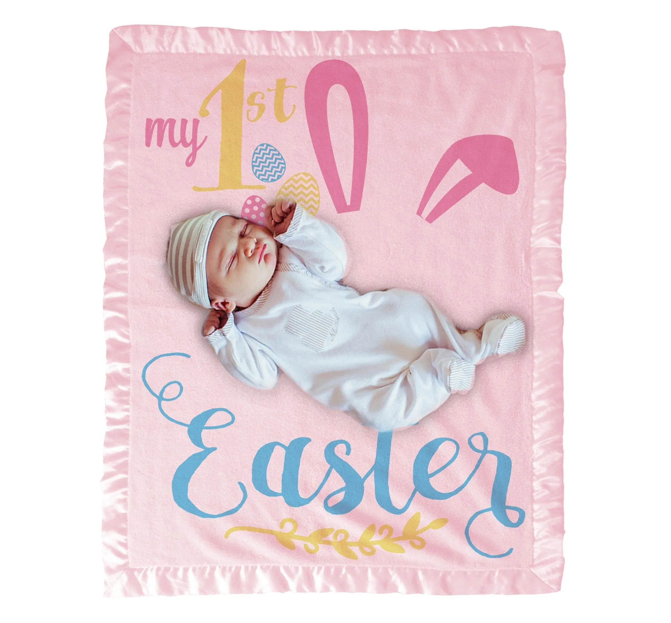 My First Easter Baby Gifts Girl Boy Personalized Baby Blanket | Cute Bunny Ears Photo Prop Blanket Pink Blue White