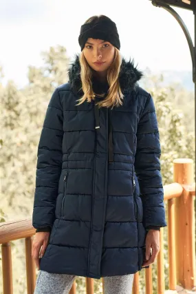 Navy Glossy Long Fitted Vegan Fur Hood Detail Winter Puffer Jacket /1-2-2-2