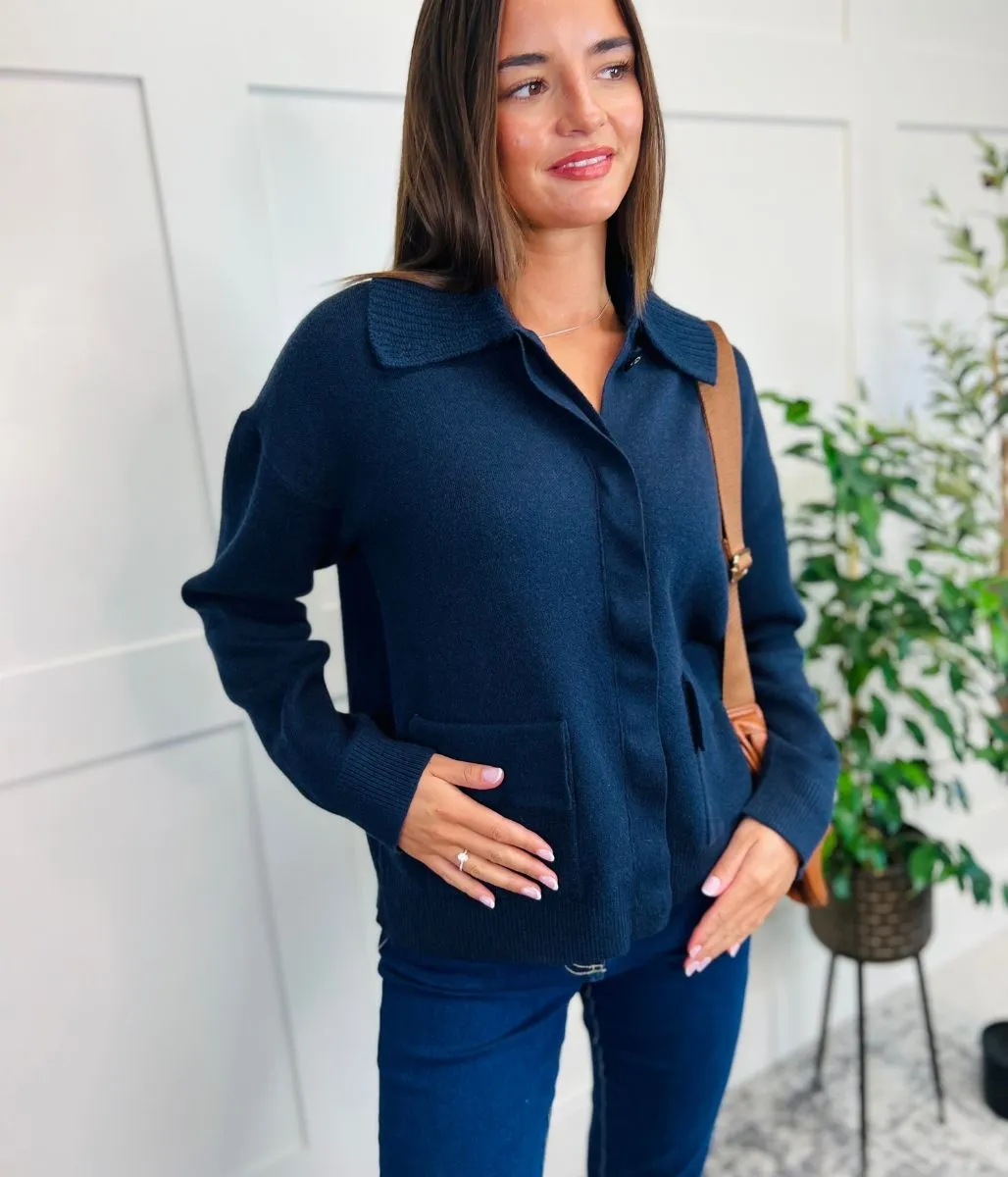 Navy Ribbed Collar Cardigan