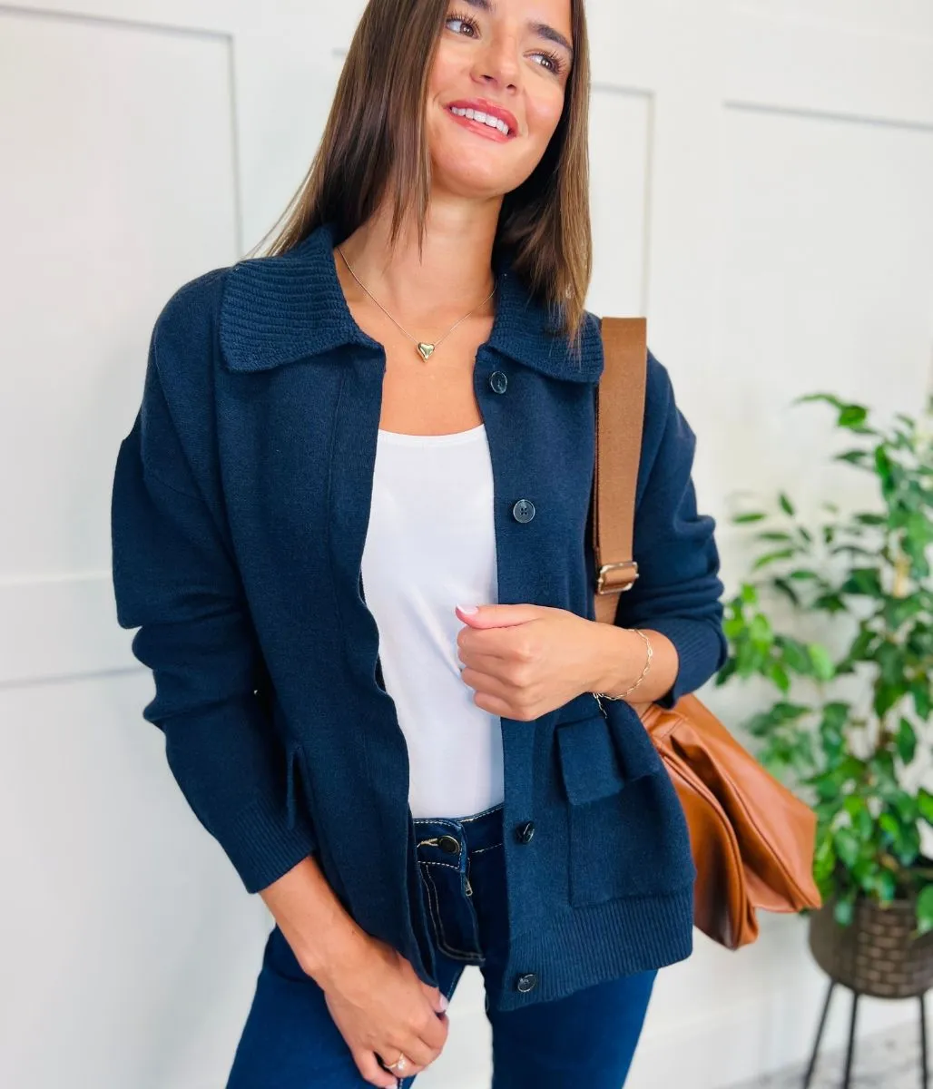 Navy Ribbed Collar Cardigan