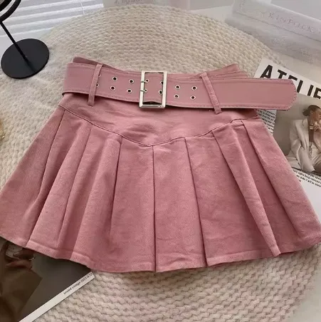 NEW Xpqbb Summer Women Pleated Skirt Korean Fashion Belt Mini Skirt Kawaii High Waist School Uniform A-line Short Skirts, Pink, Sz M
