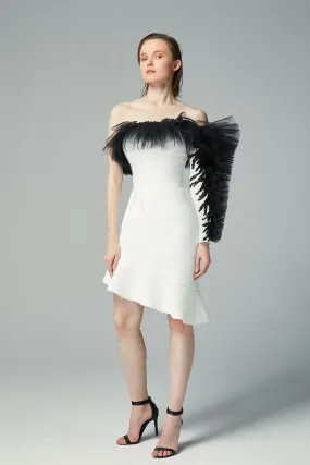 Off-The-Shoulder Crepe Short Dress with Tulle Details