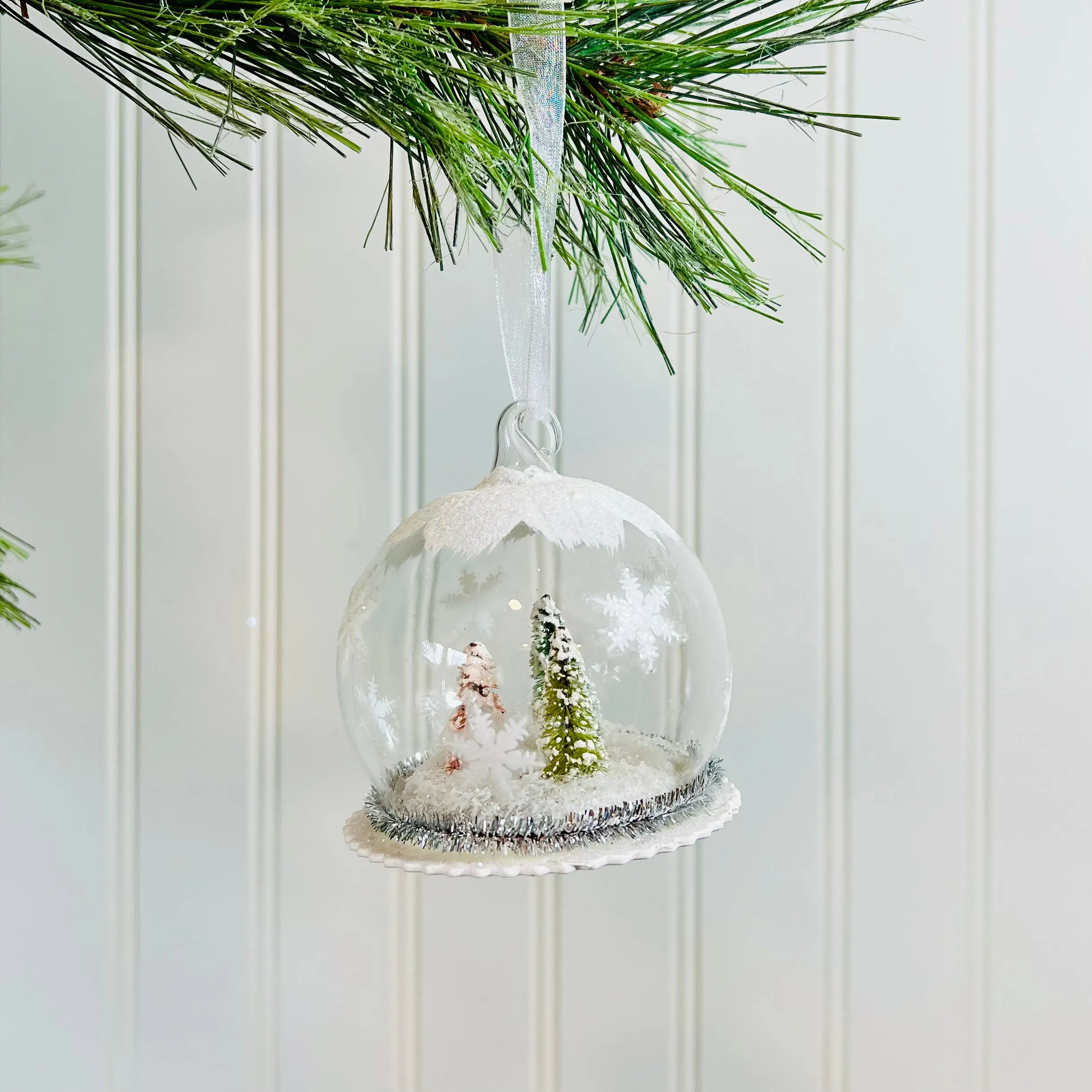 Pastel Bottlebrush Forest Snow Globe Ornament