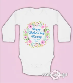 Personalised Wreath First Mothers Day Baby Kids 2021 Body Vest long sleeve Boy