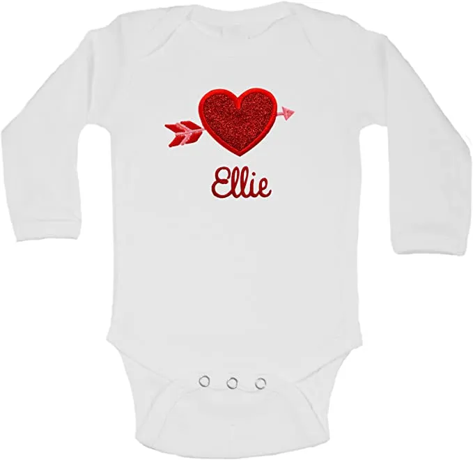 Personalized Embroidered Valentines Day Sparkle Heart Baby Girl Bodysuit with Your Custom Name