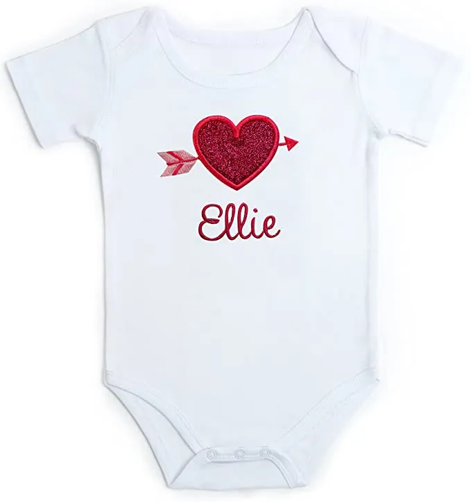 Personalized Embroidered Valentines Day Sparkle Heart Baby Girl Bodysuit with Your Custom Name