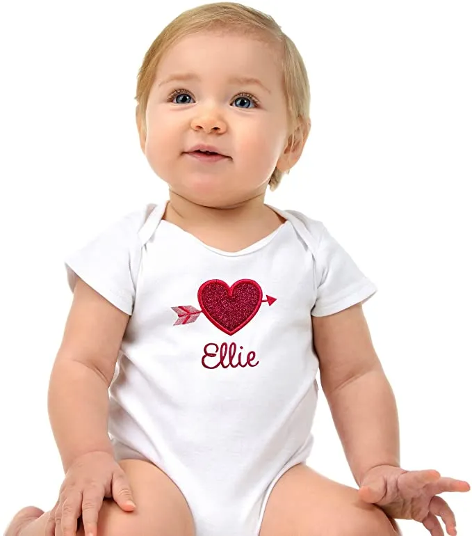 Personalized Embroidered Valentines Day Sparkle Heart Baby Girl Bodysuit with Your Custom Name