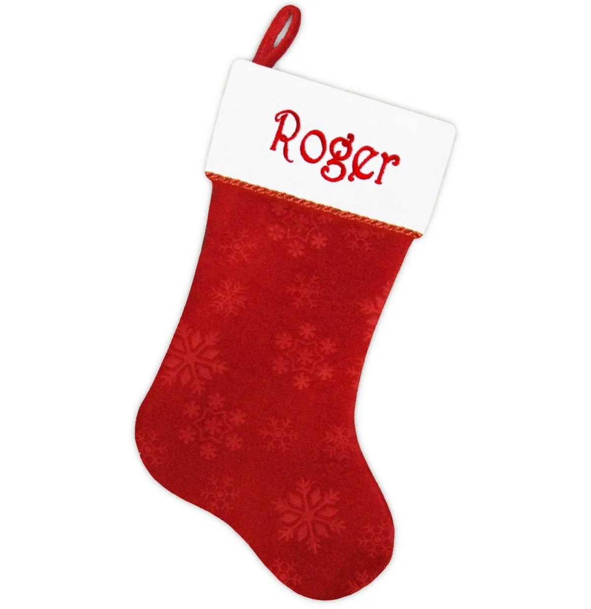 Personalized Stocking - Etched Snowflake Red Velvet, Gorgeous Metallic Red Rope Trim, Name Custom Embroidered Christmas Stockings Holiday