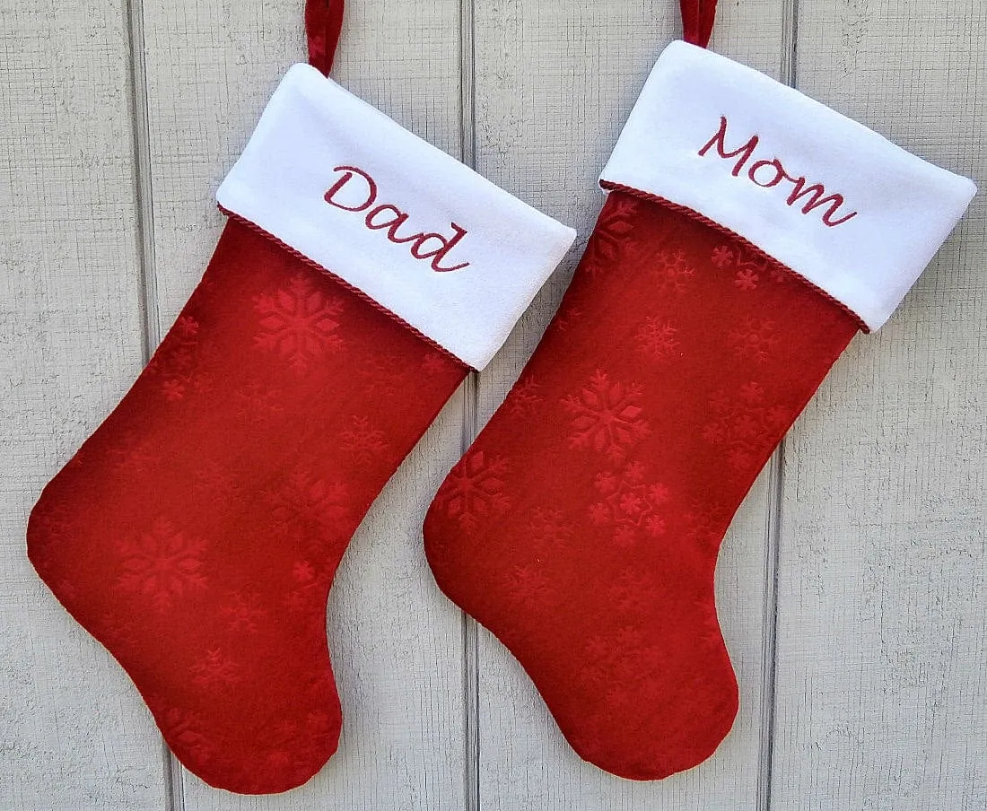 Personalized Stocking - Etched Snowflake Red Velvet, Gorgeous Metallic Red Rope Trim, Name Custom Embroidered Christmas Stockings Holiday