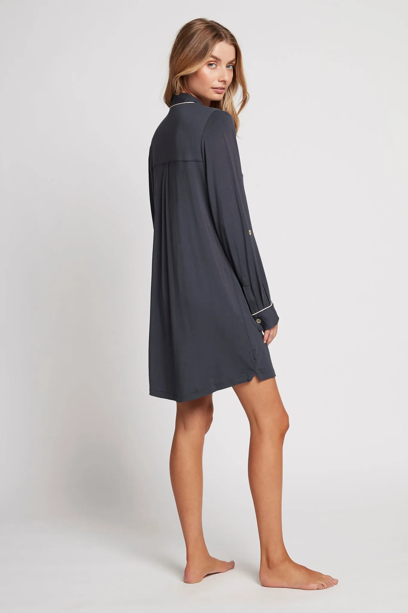 Petra Tencel™ Sleep Shirt - Charcoal with Blush Piping