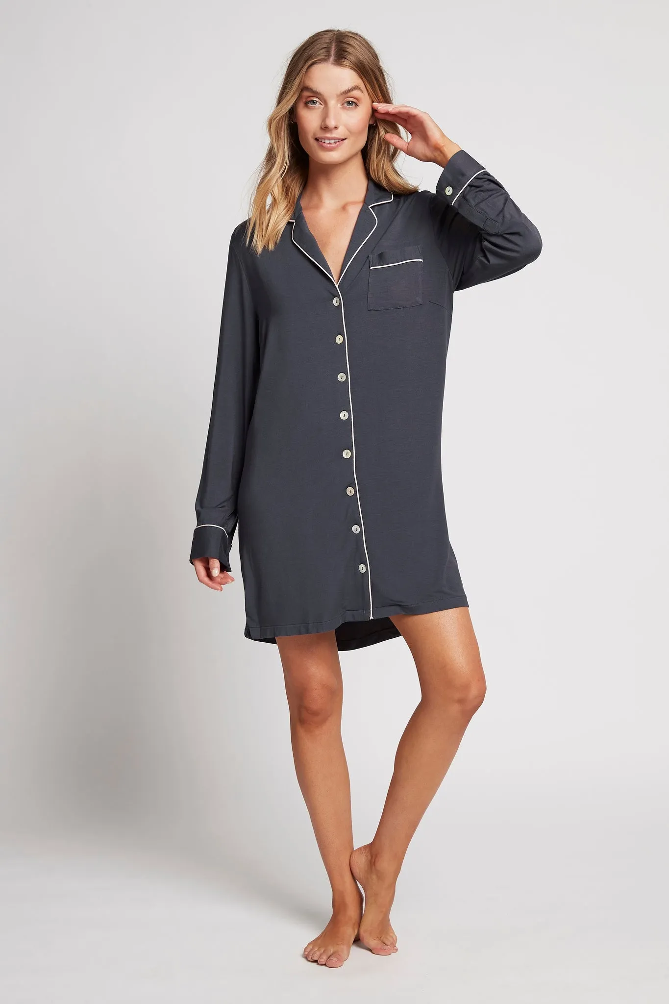 Petra Tencel™ Sleep Shirt - Charcoal with Blush Piping