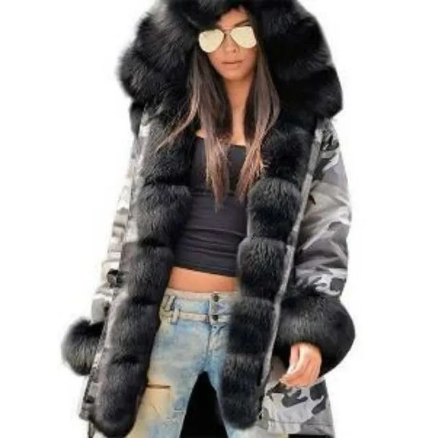 Plus Size Winter Faux Fur Cotton Hooded Overcoat
