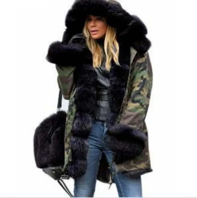 Plus Size Winter Faux Fur Cotton Hooded Overcoat