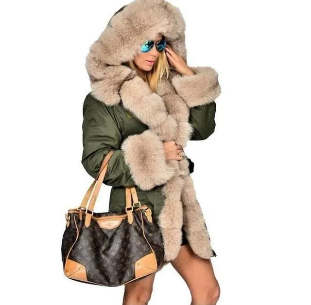 Plus Size Winter Faux Fur Cotton Hooded Overcoat