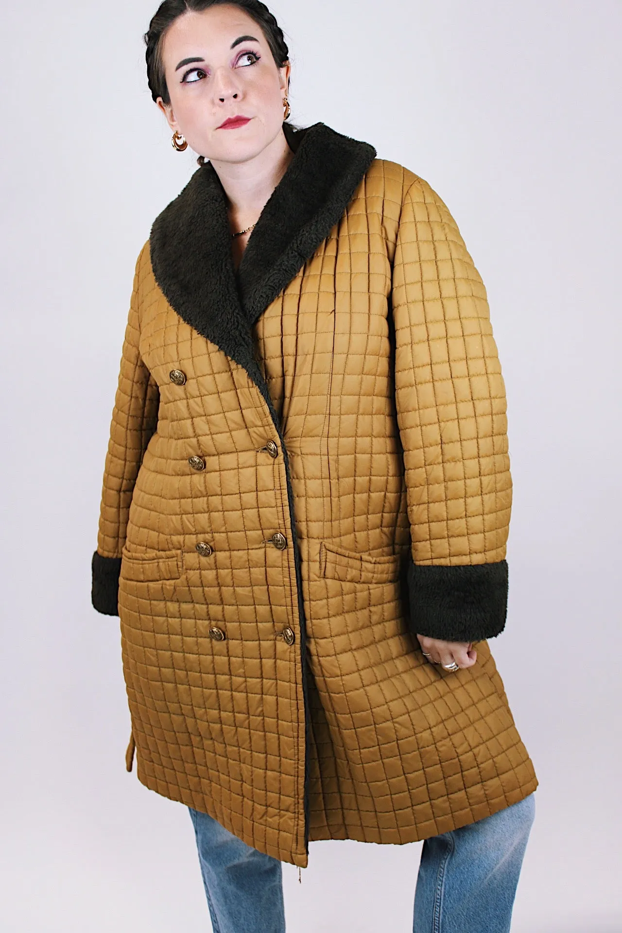 Quilted Puffy Coat with Faux Fur Trim