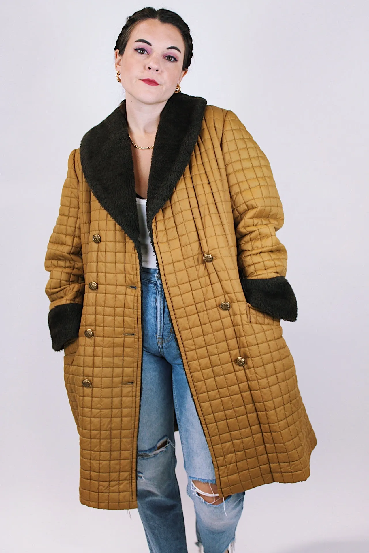 Quilted Puffy Coat with Faux Fur Trim