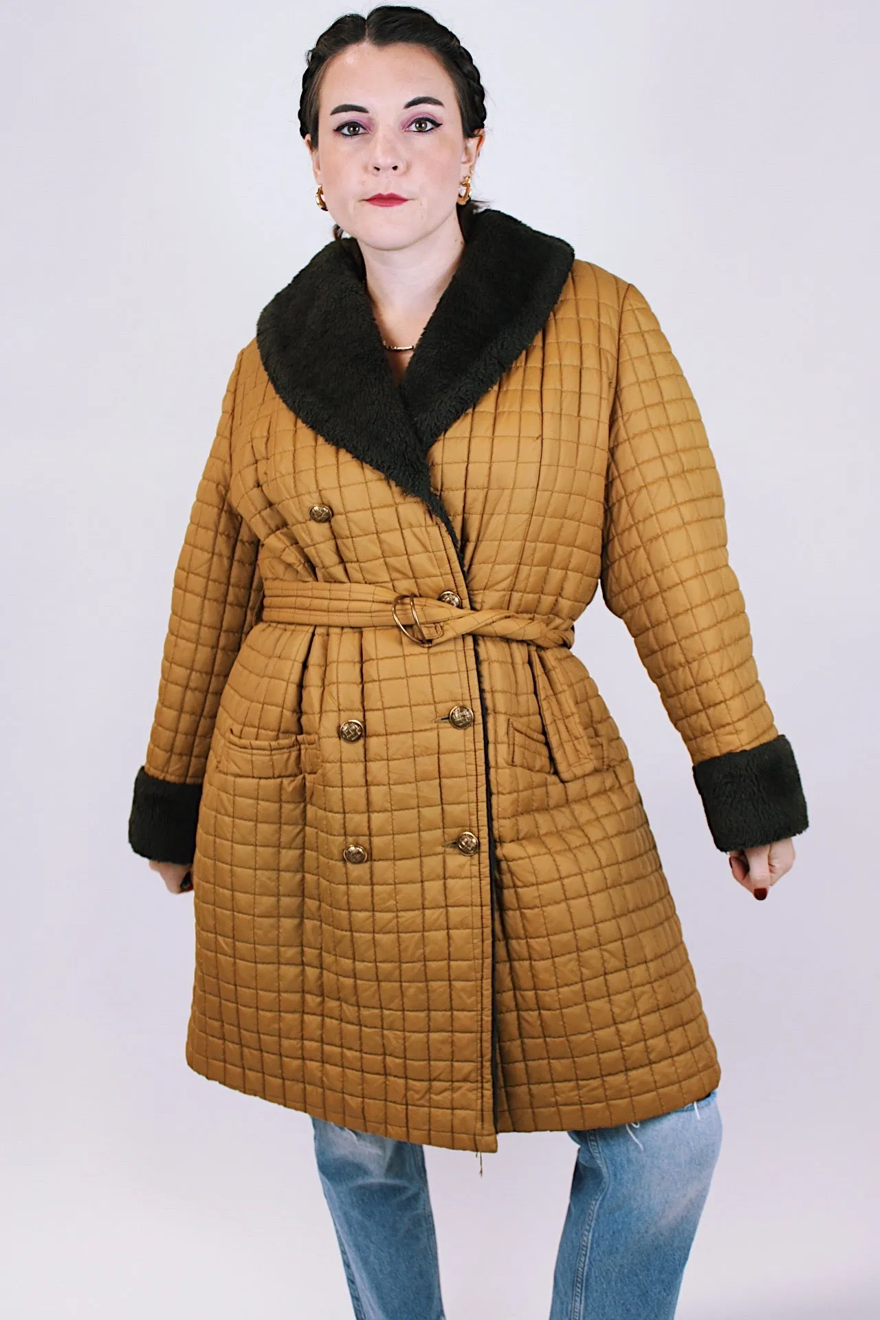 Quilted Puffy Coat with Faux Fur Trim