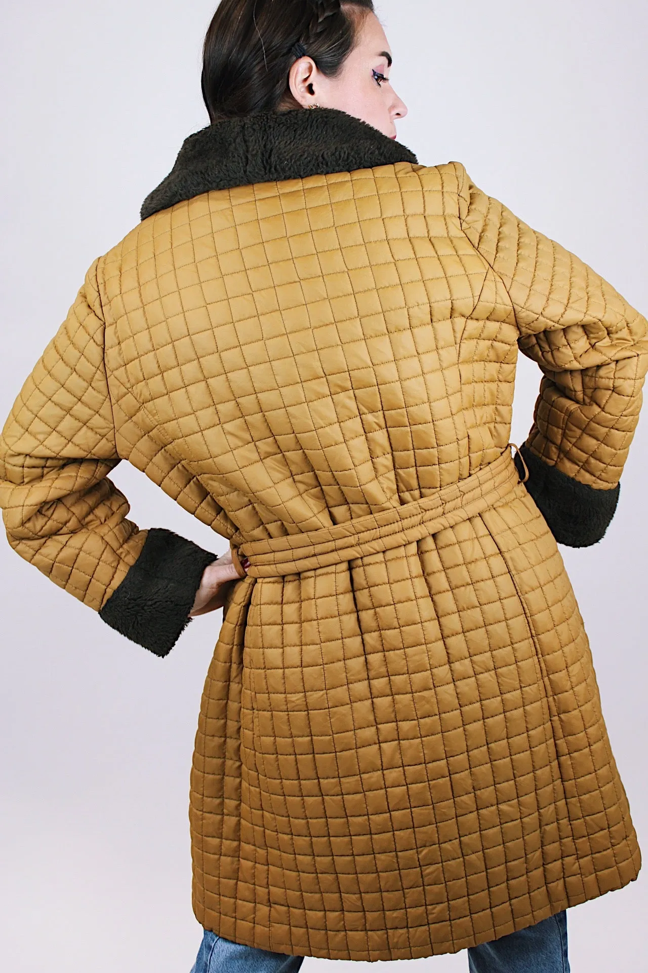 Quilted Puffy Coat with Faux Fur Trim