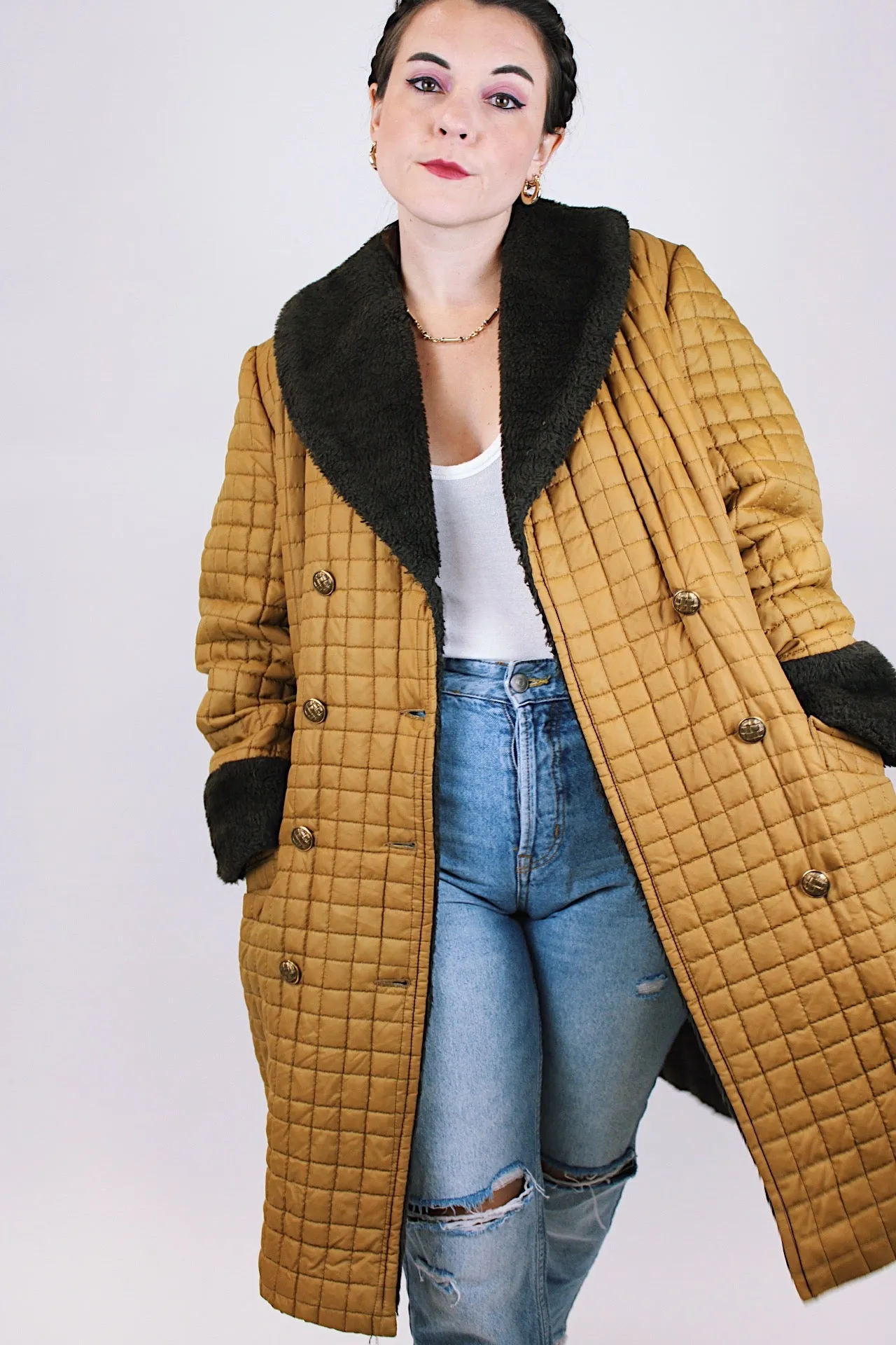 Quilted Puffy Coat with Faux Fur Trim