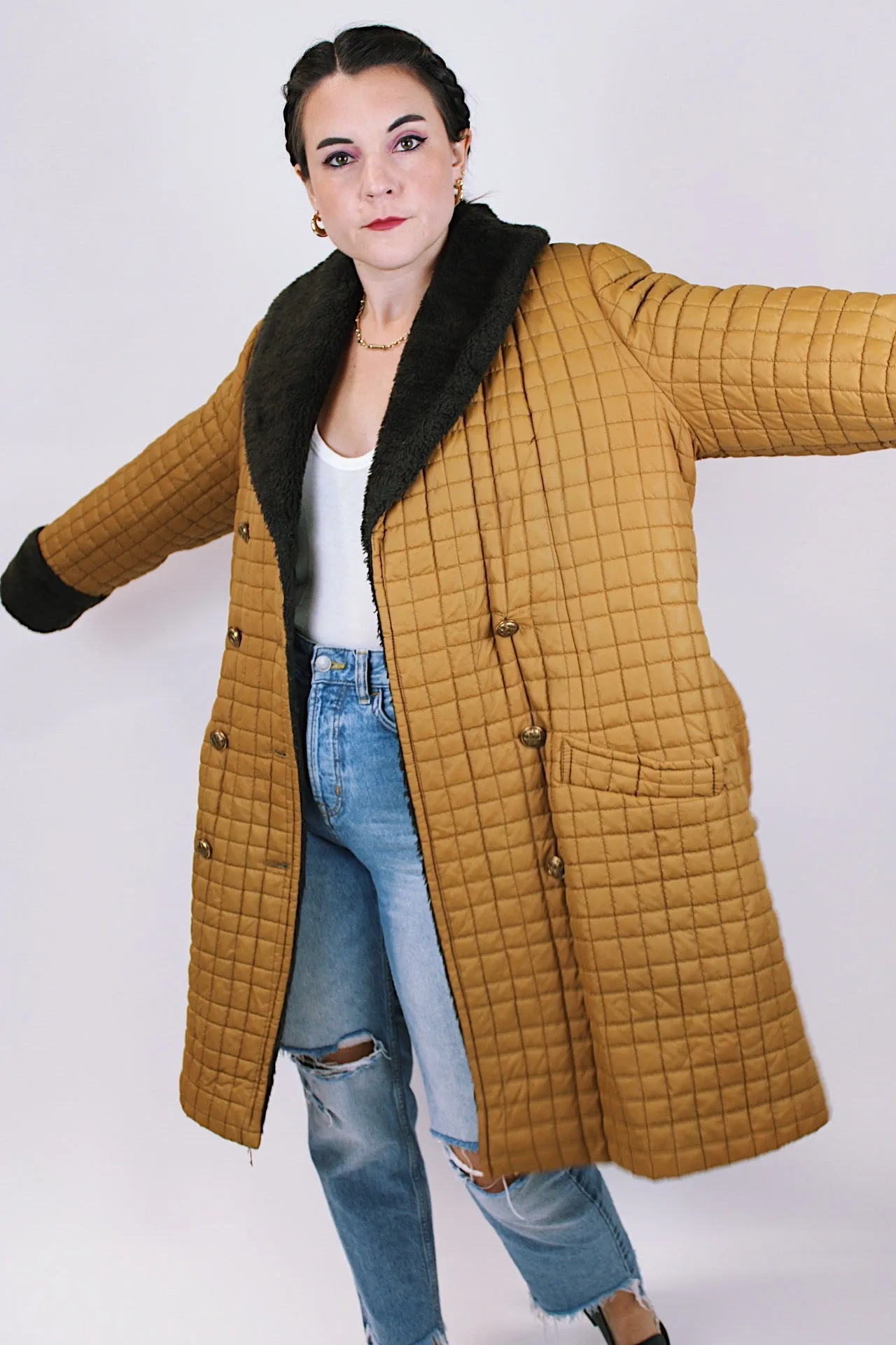 Quilted Puffy Coat with Faux Fur Trim