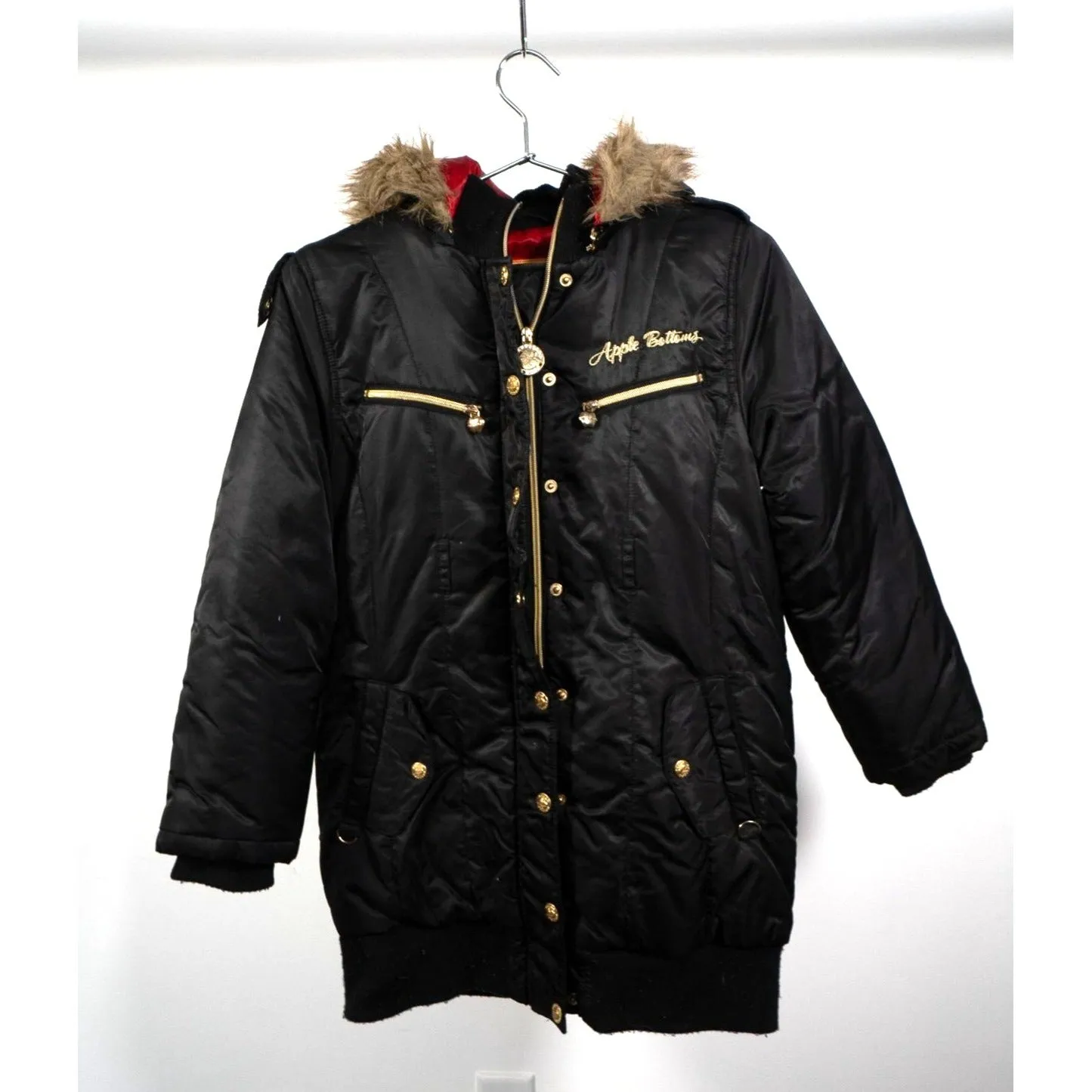 "Retail" y2k Apple Bottoms Fur Trim Hood Mid-Length Puffer Jacket Black Medium Women's