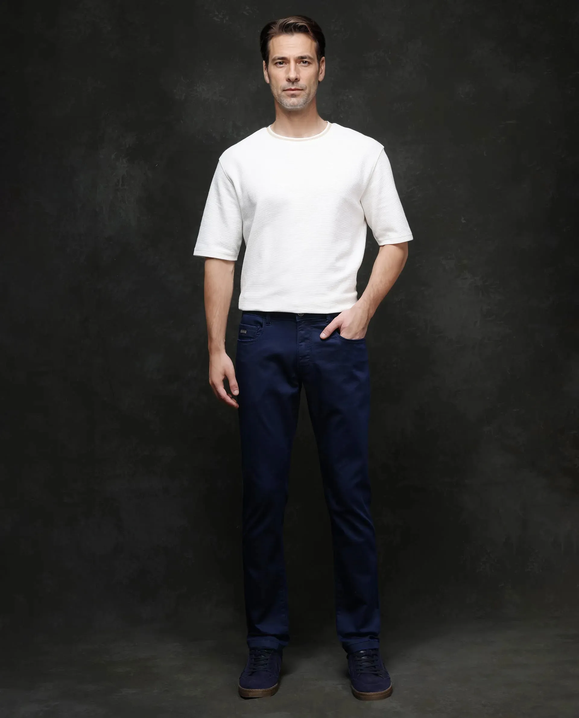 Rare Rabbit Men Corvo Blue Cotton Polyester Fabric Slim Fit Plain Denim Pant