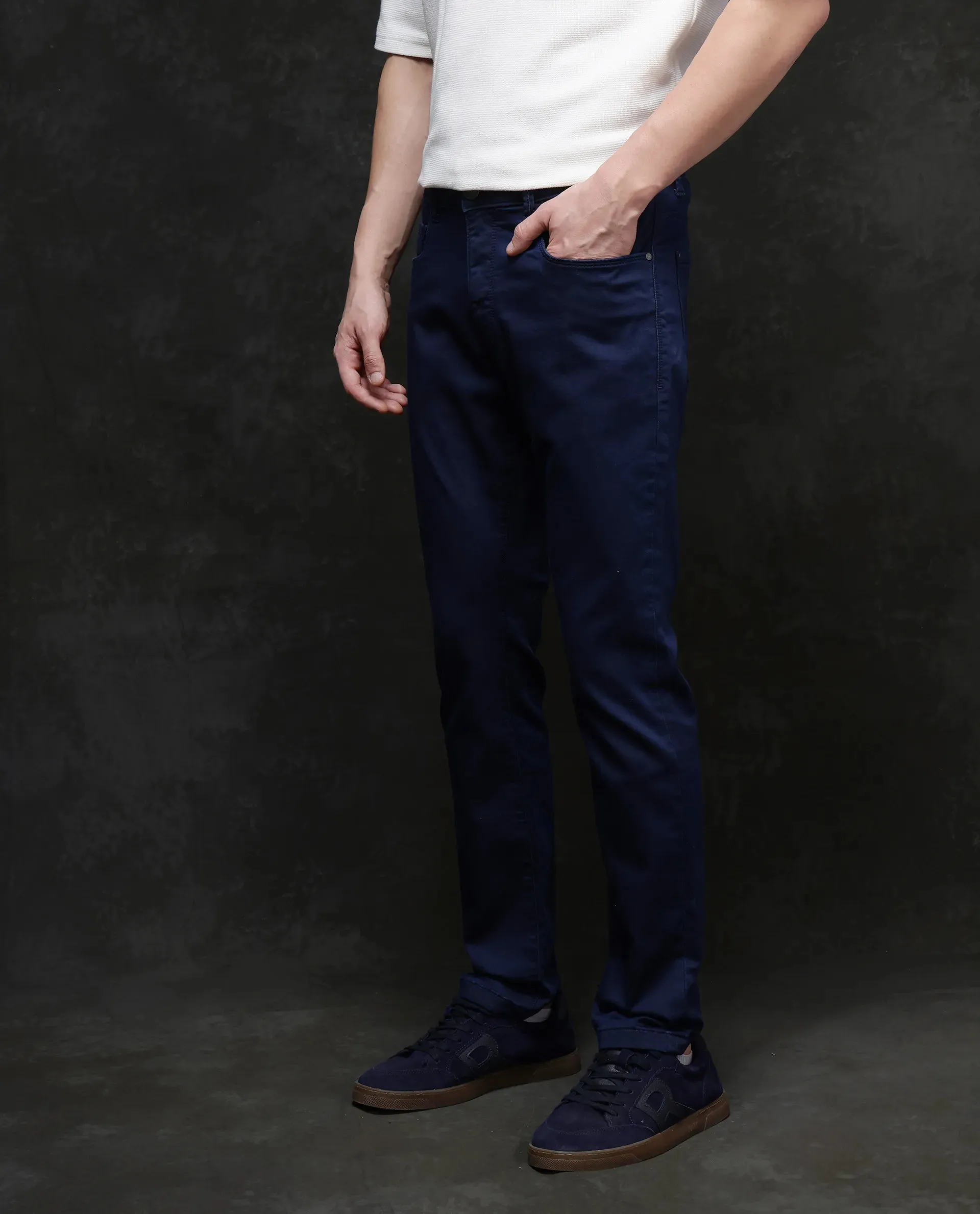 Rare Rabbit Men Corvo Blue Cotton Polyester Fabric Slim Fit Plain Denim Pant