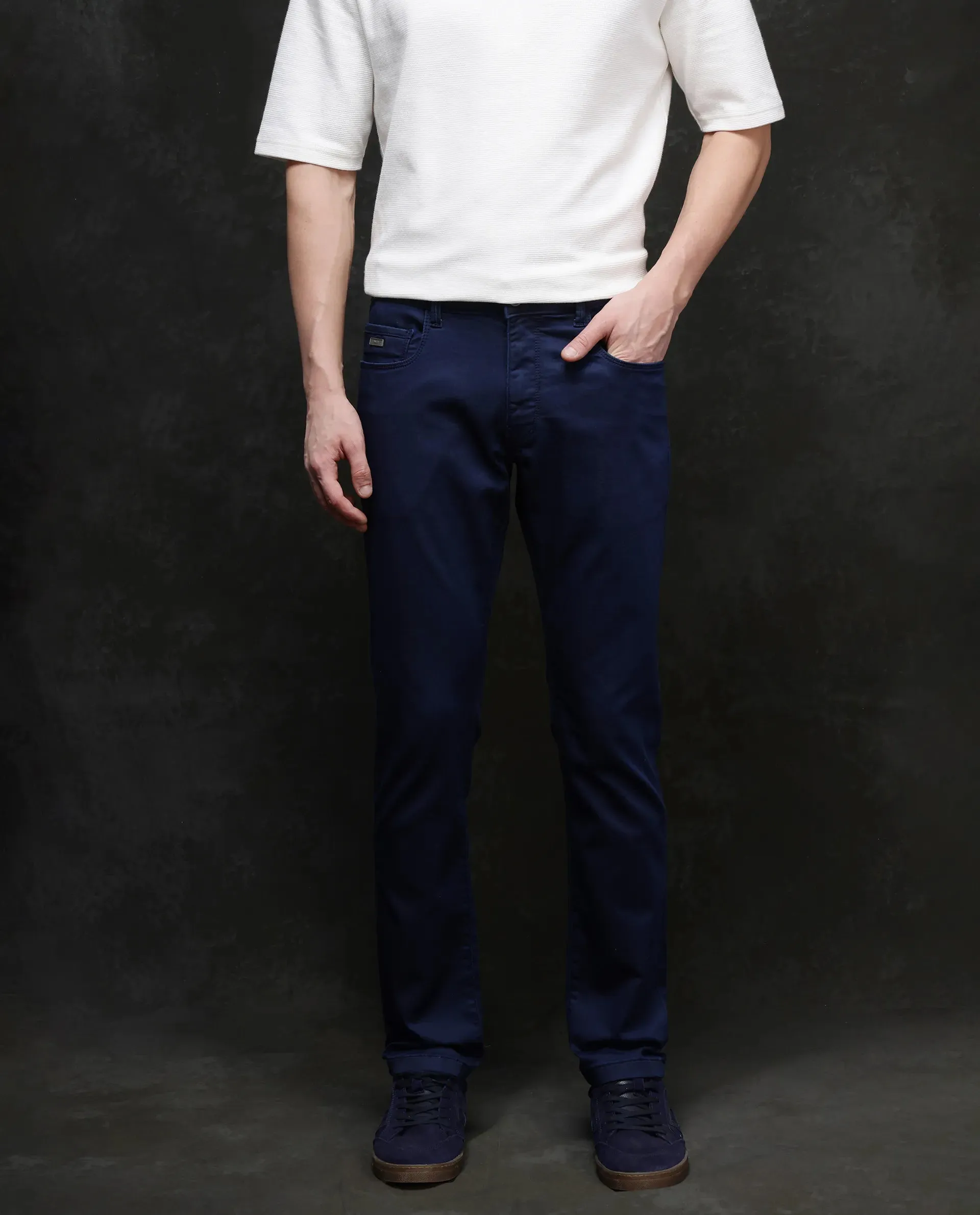 Rare Rabbit Men Corvo Blue Cotton Polyester Fabric Slim Fit Plain Denim Pant