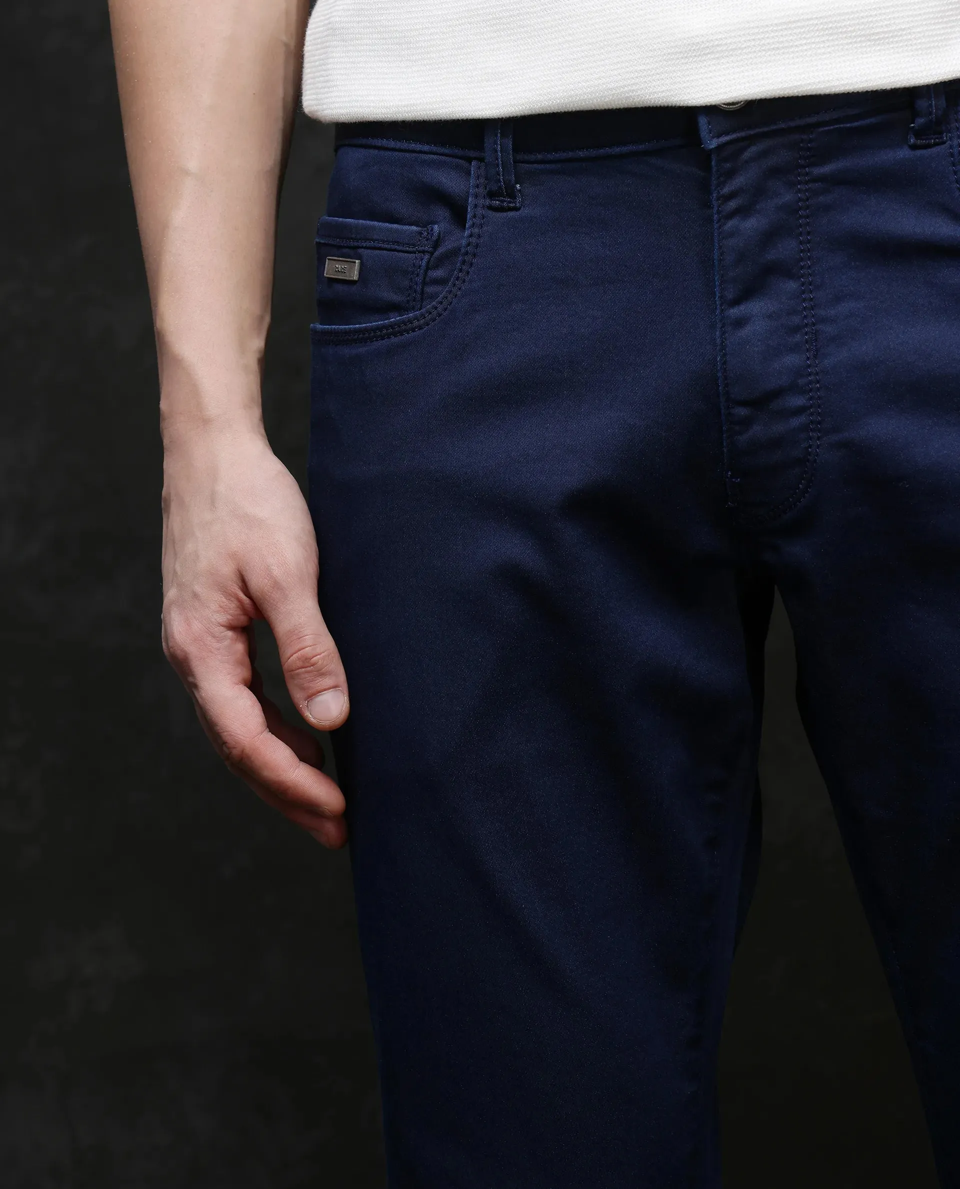 Rare Rabbit Men Corvo Blue Cotton Polyester Fabric Slim Fit Plain Denim Pant