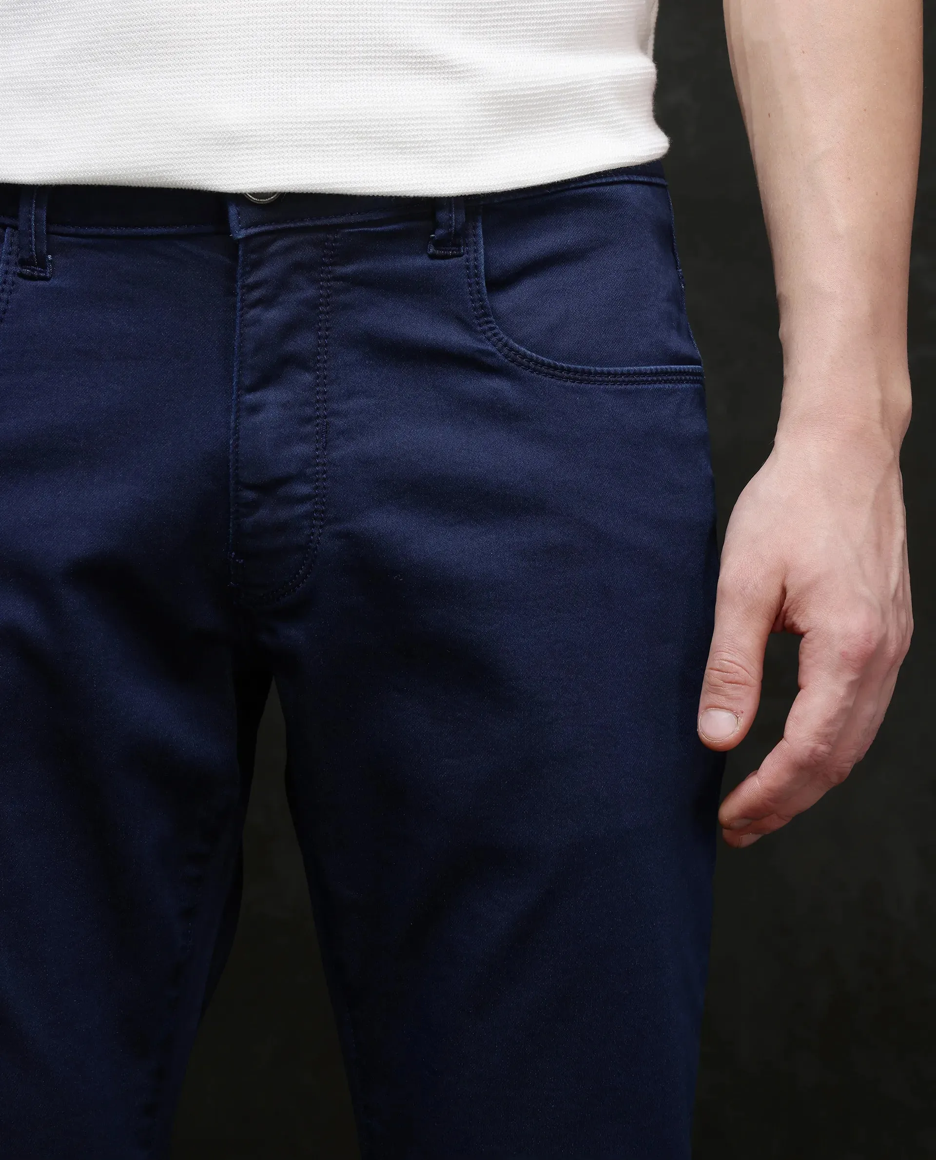 Rare Rabbit Men Corvo Blue Cotton Polyester Fabric Slim Fit Plain Denim Pant