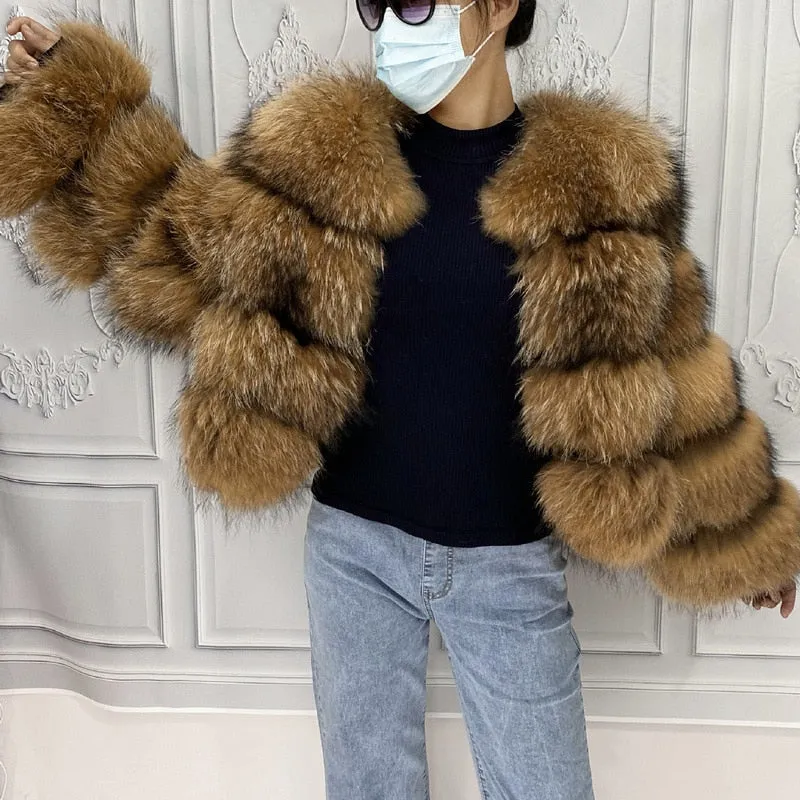 Real Natural Raccoon Jacket Women's Fashion Coats Real Fur Coat Round Neck Warm Thick Hoodie Detachable New Style