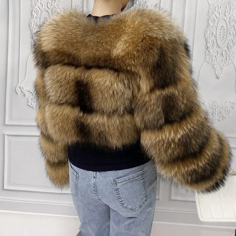 Real Natural Raccoon Jacket Women's Fashion Coats Real Fur Coat Round Neck Warm Thick Hoodie Detachable New Style