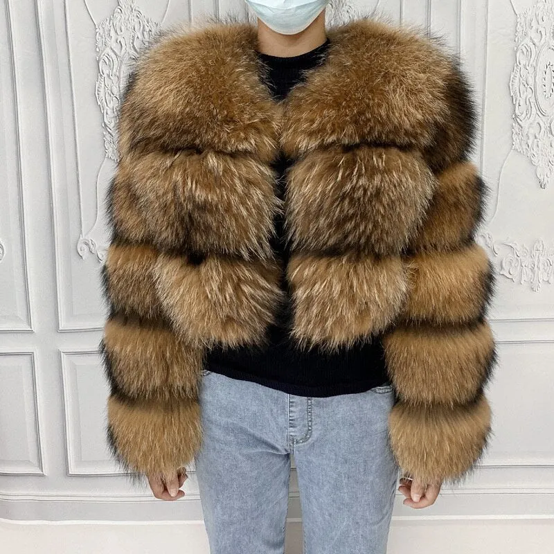 Real Natural Raccoon Jacket Women's Fashion Coats Real Fur Coat Round Neck Warm Thick Hoodie Detachable New Style