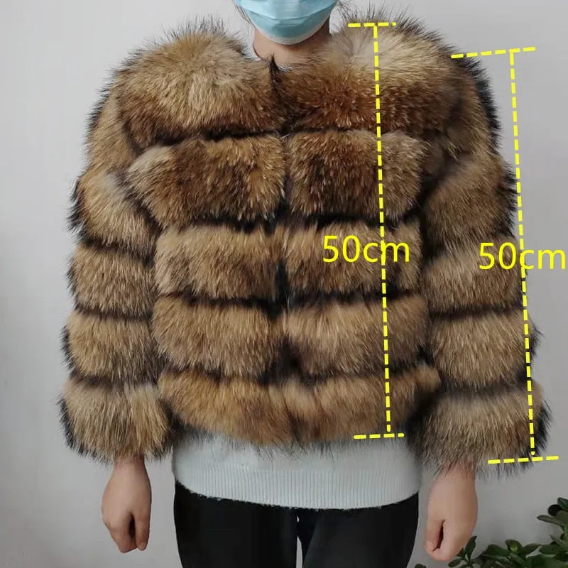 Real Natural Raccoon Jacket Women's Fashion Coats Real Fur Coat Round Neck Warm Thick Hoodie Detachable New Style