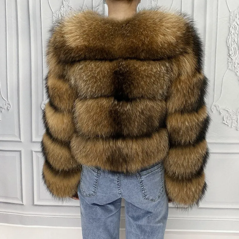 Real Natural Raccoon Jacket Women's Fashion Coats Real Fur Coat Round Neck Warm Thick Hoodie Detachable New Style