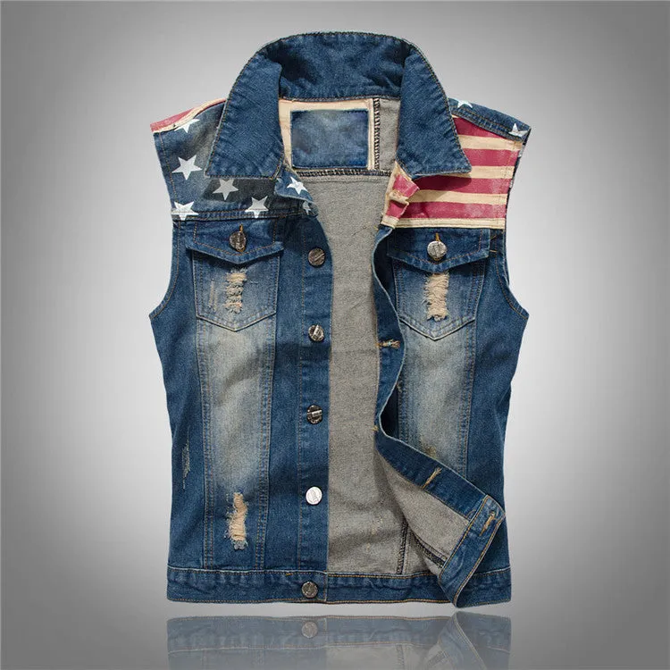 Retro Patriotic Distressed Denim Vest