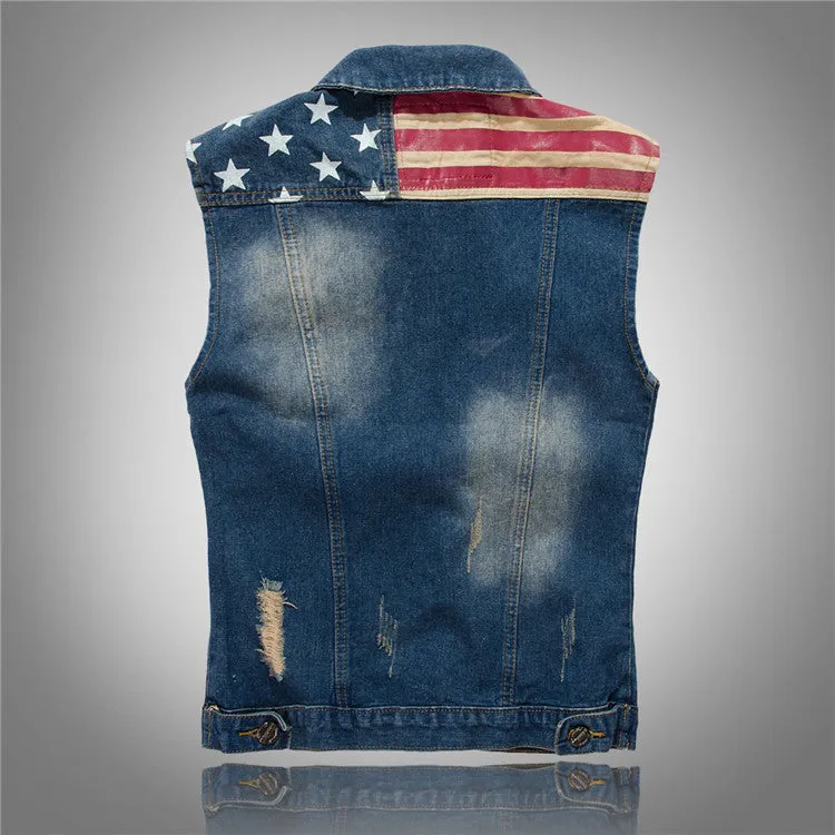 Retro Patriotic Distressed Denim Vest