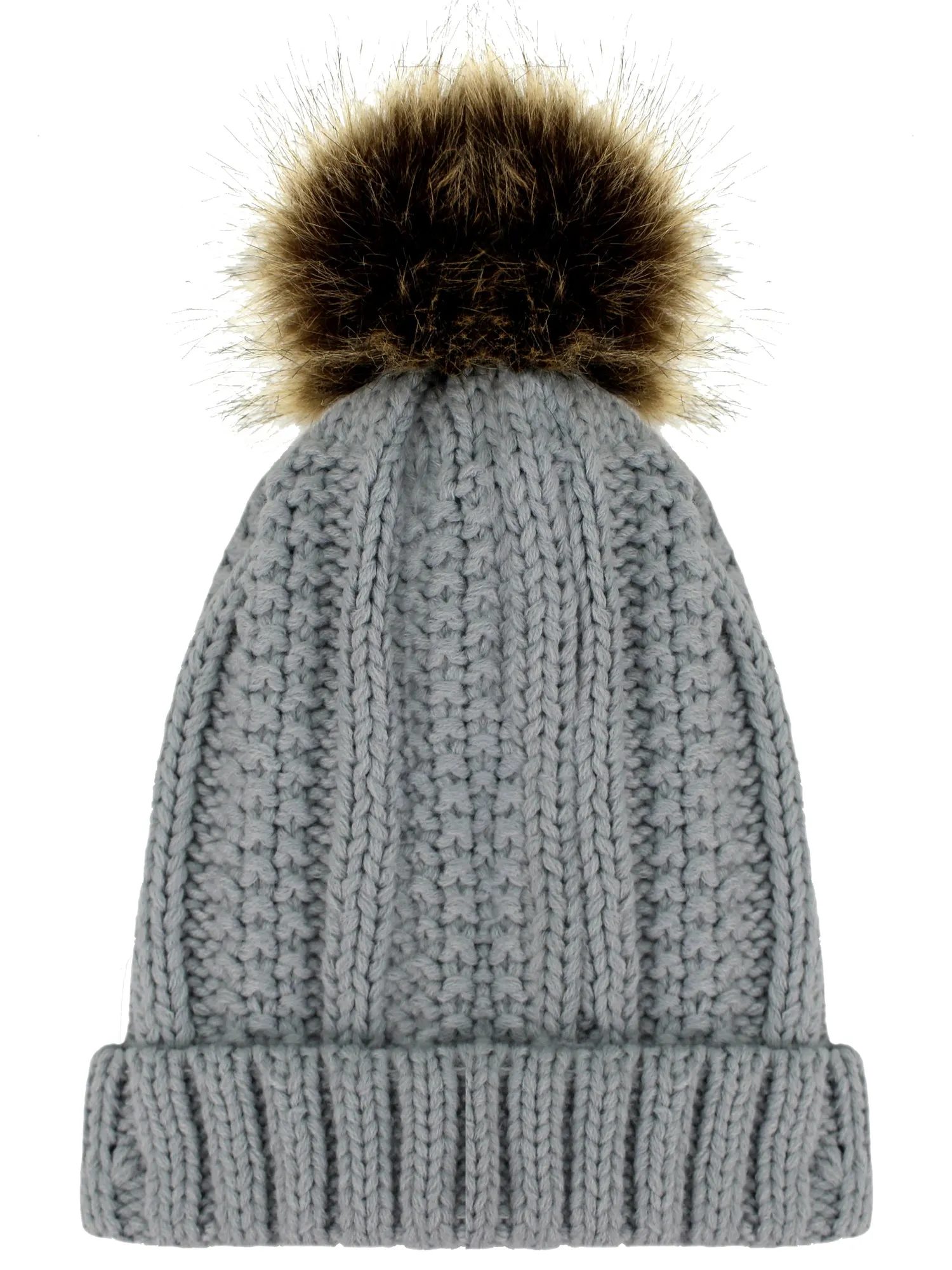 Ribbed Knit Faux Fur Lined Beanie Cap Hat With Fur Pom Pom