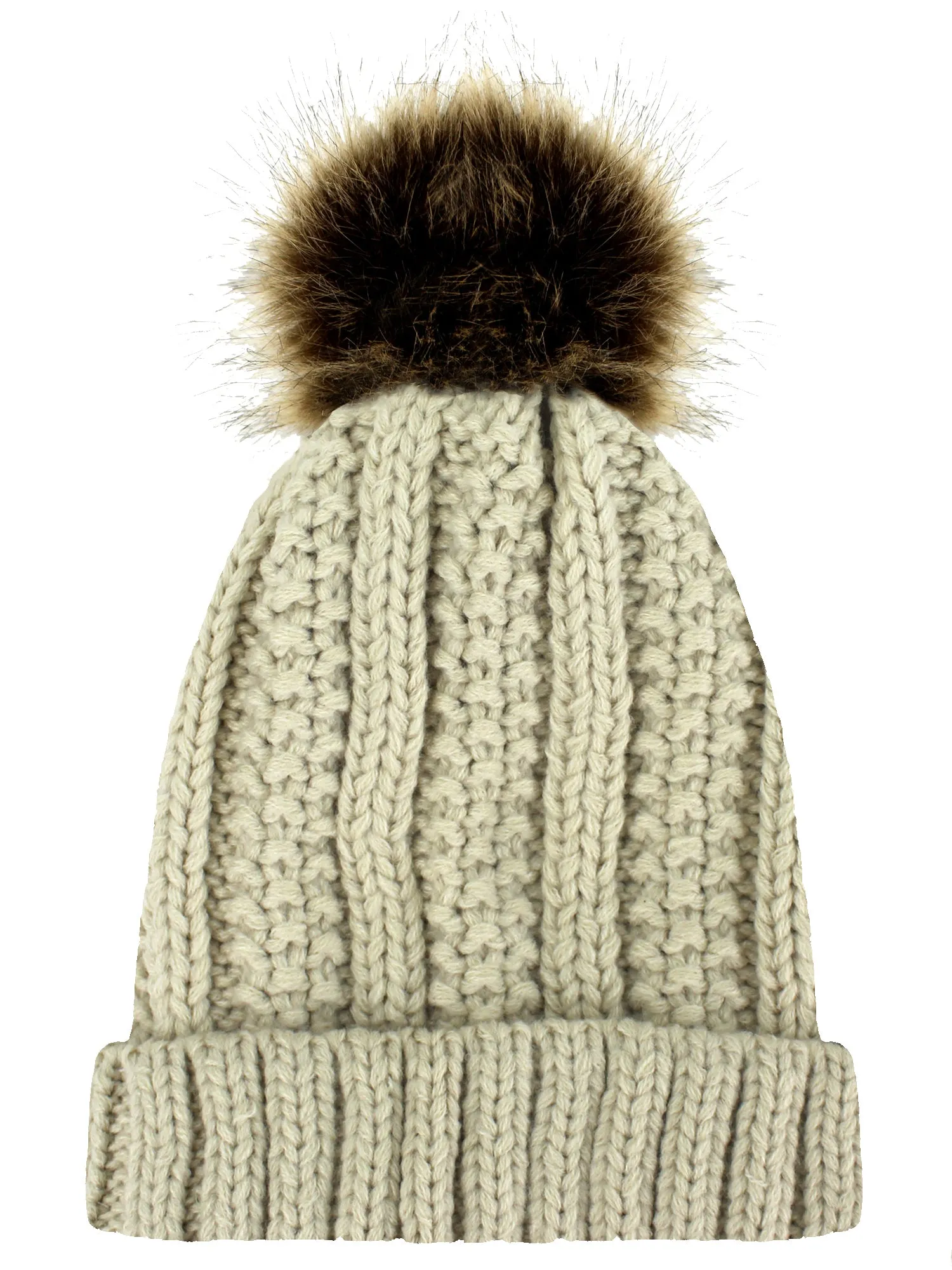 Ribbed Knit Faux Fur Lined Beanie Cap Hat With Fur Pom Pom