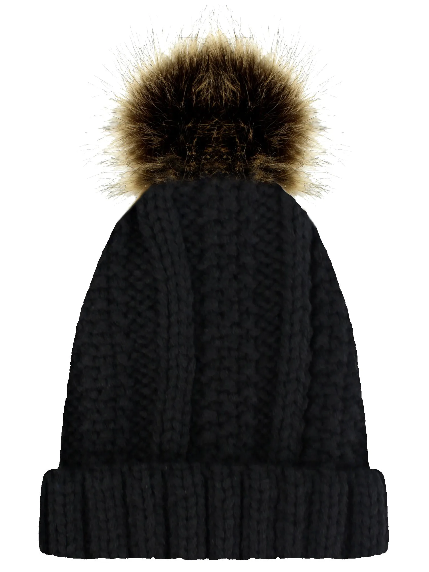 Ribbed Knit Faux Fur Lined Beanie Cap Hat With Fur Pom Pom