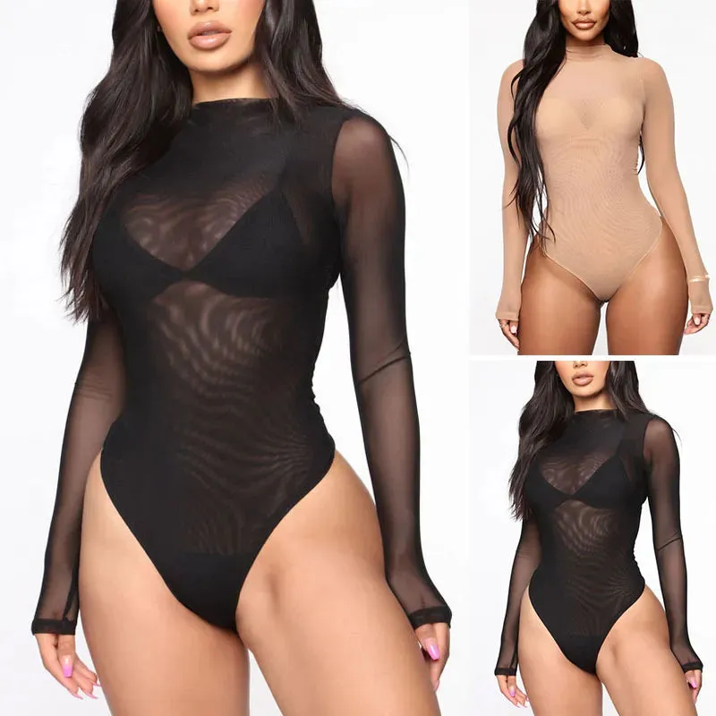 See Through Sexy Rompers Body Top Slim Mesh Long Sleeves Bodysuit