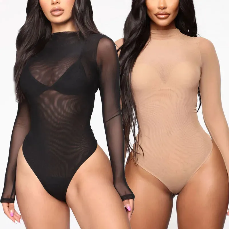See Through Sexy Rompers Body Top Slim Mesh Long Sleeves Bodysuit
