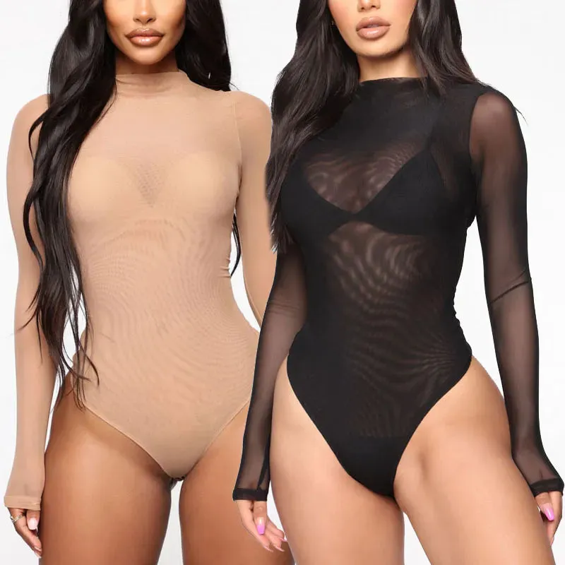 See Through Sexy Rompers Body Top Slim Mesh Long Sleeves Bodysuit