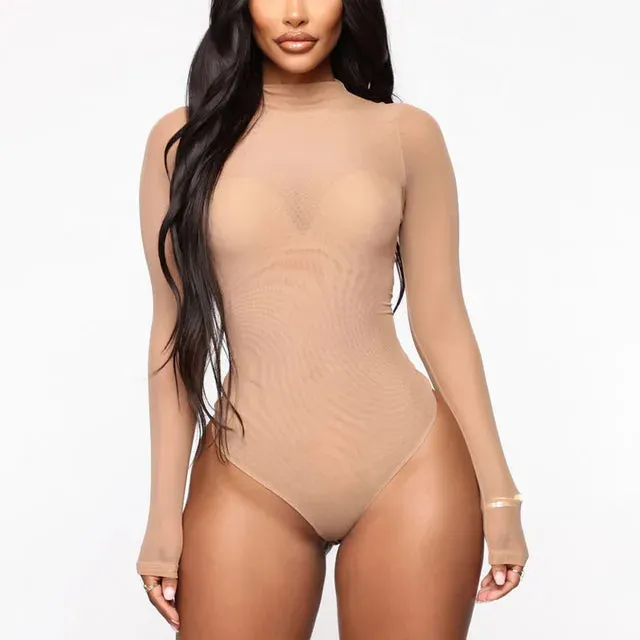 See Through Sexy Rompers Body Top Slim Mesh Long Sleeves Bodysuit