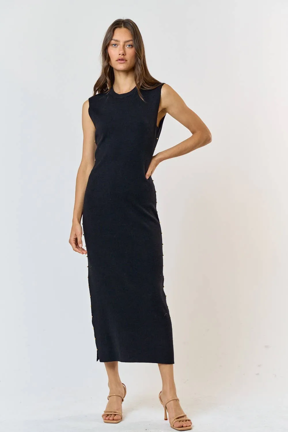 Side Stud Black Sweater Dress
